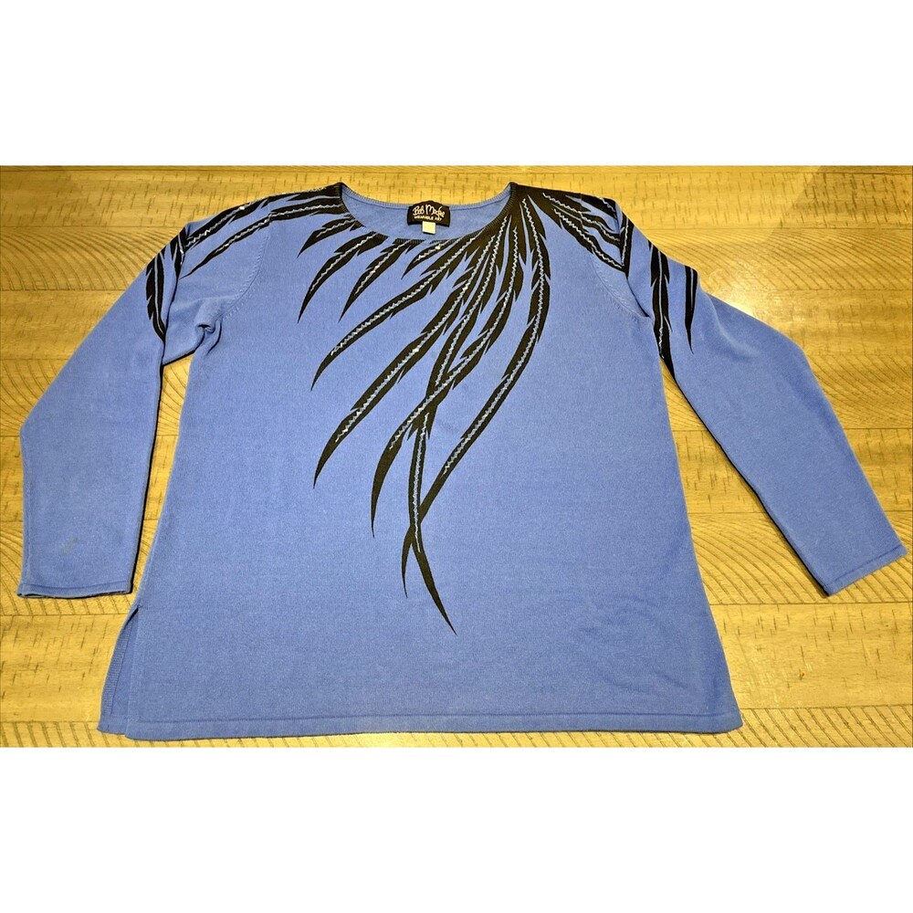 Bob Mackie Sz Large Shirt Top Sweater Blouse Wearable Art Feathers Beaded Blue